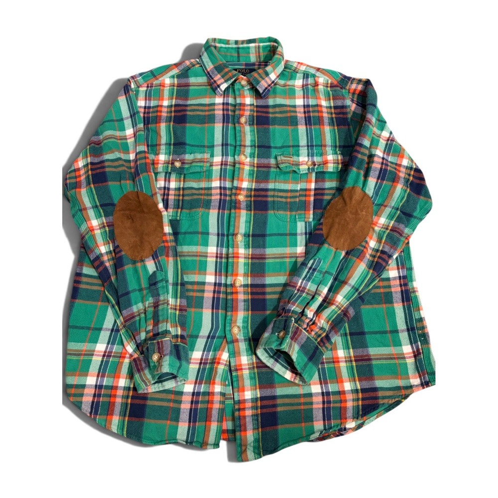 Polo Ralph Lauren Mens Green Plaid Flannel Shirt Elbow Patches Large